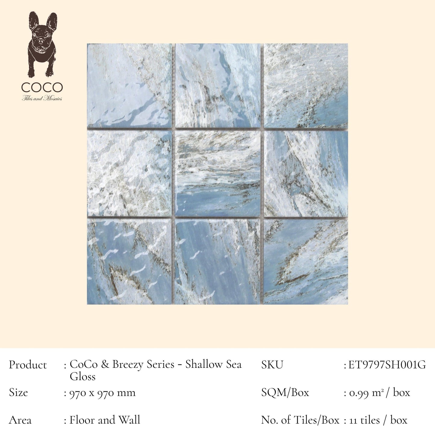 Cut Sample - CoCo & Breezy Series - Shallow Sea Gloss 97x97mm Porcelain Mosaic Pool Tile (Cut Size: Approx. 194x291 mm)
