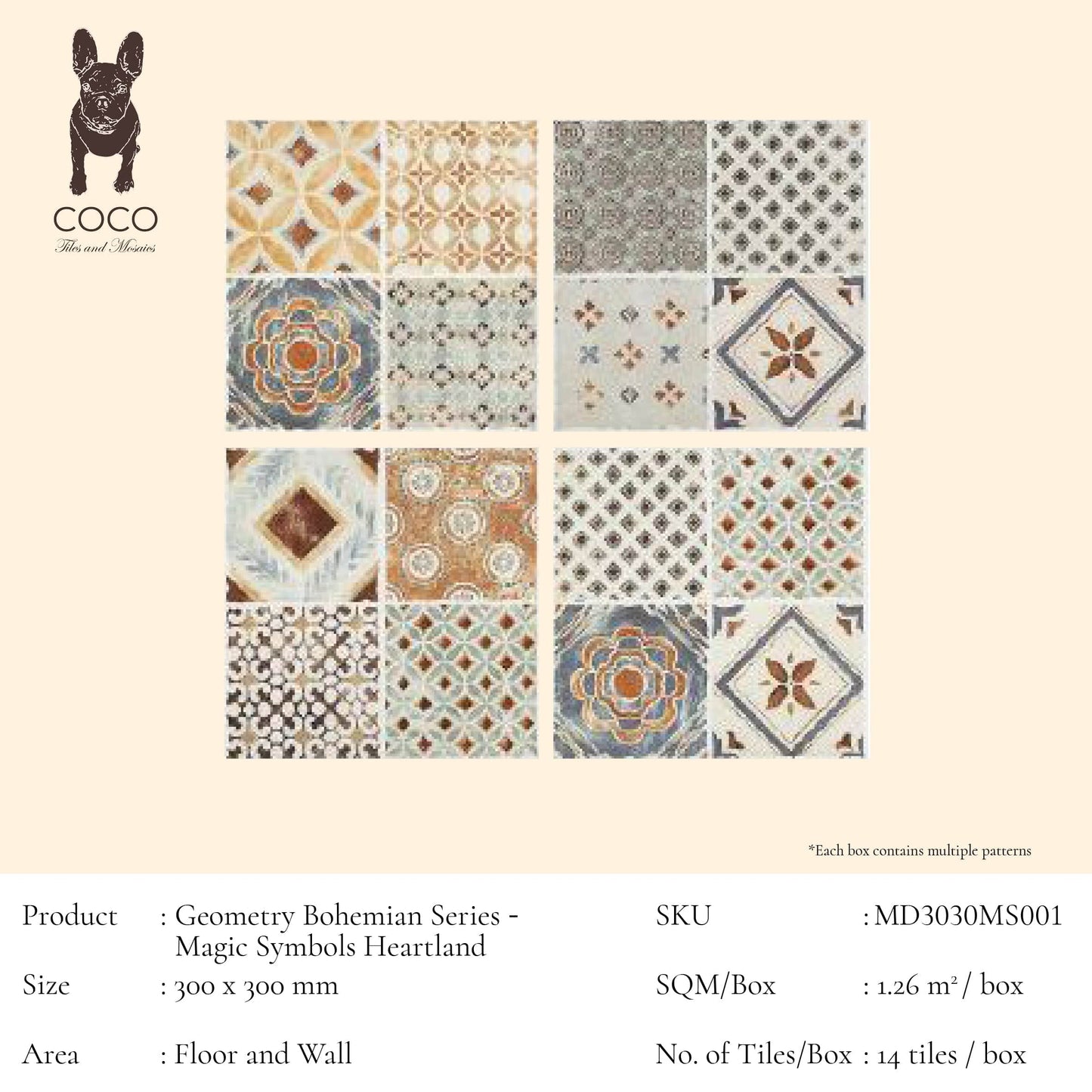 Geometry Bohemian Series - Magic Symbols Heartland Satin 300x300mm Ceramic Tile