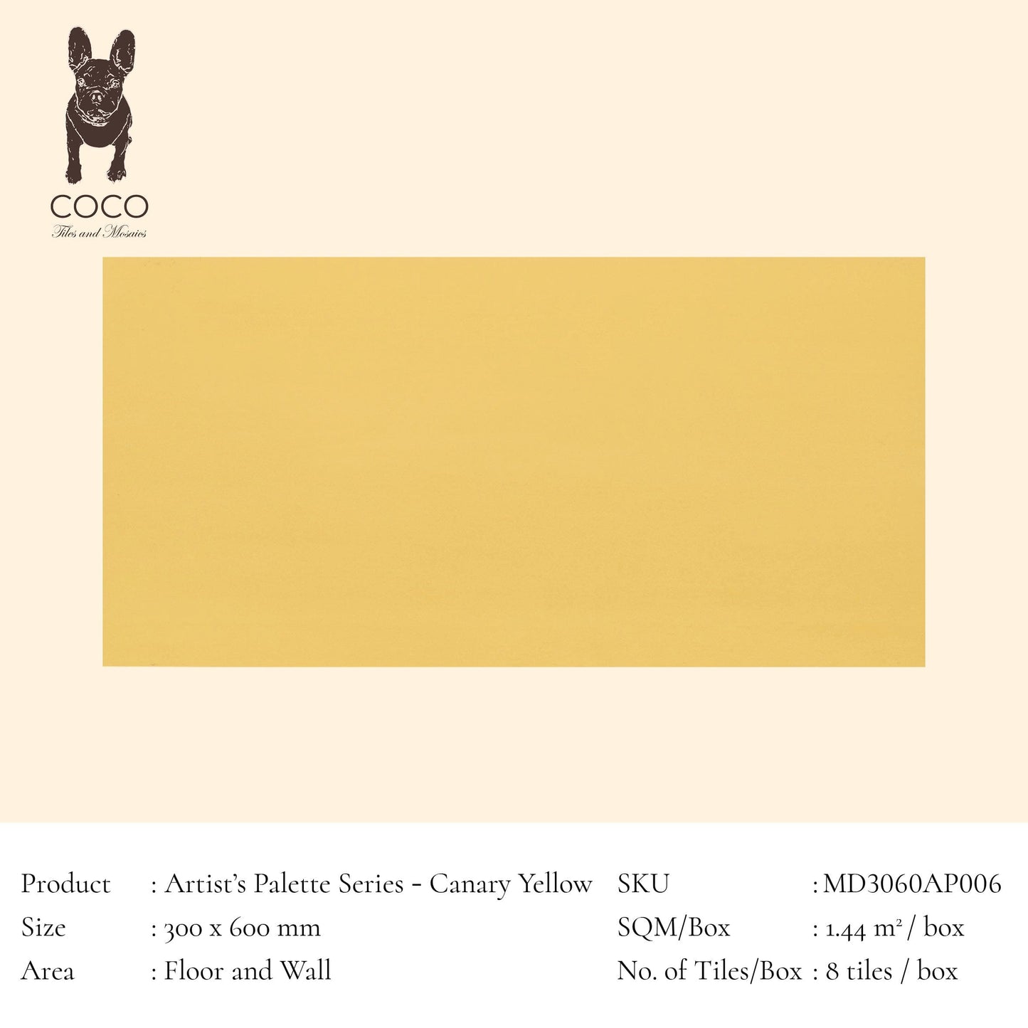Cut Sample - Artist's Palette Series - Canary Yellow 300x600mm Ceramic Tile (Cut Size: Approx. 100x300 mm)