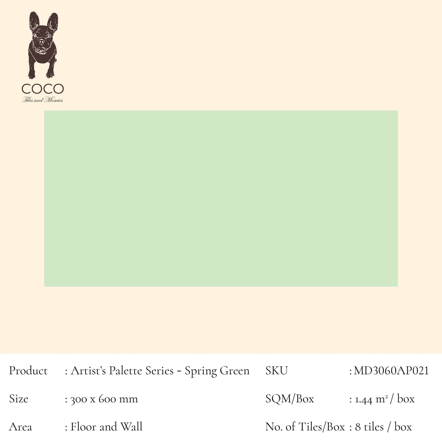 Cut Sample - Artist's Palette Series - Spring Green 300x600mm Ceramic Tile (Cut Size: Approx. 100x300 mm)