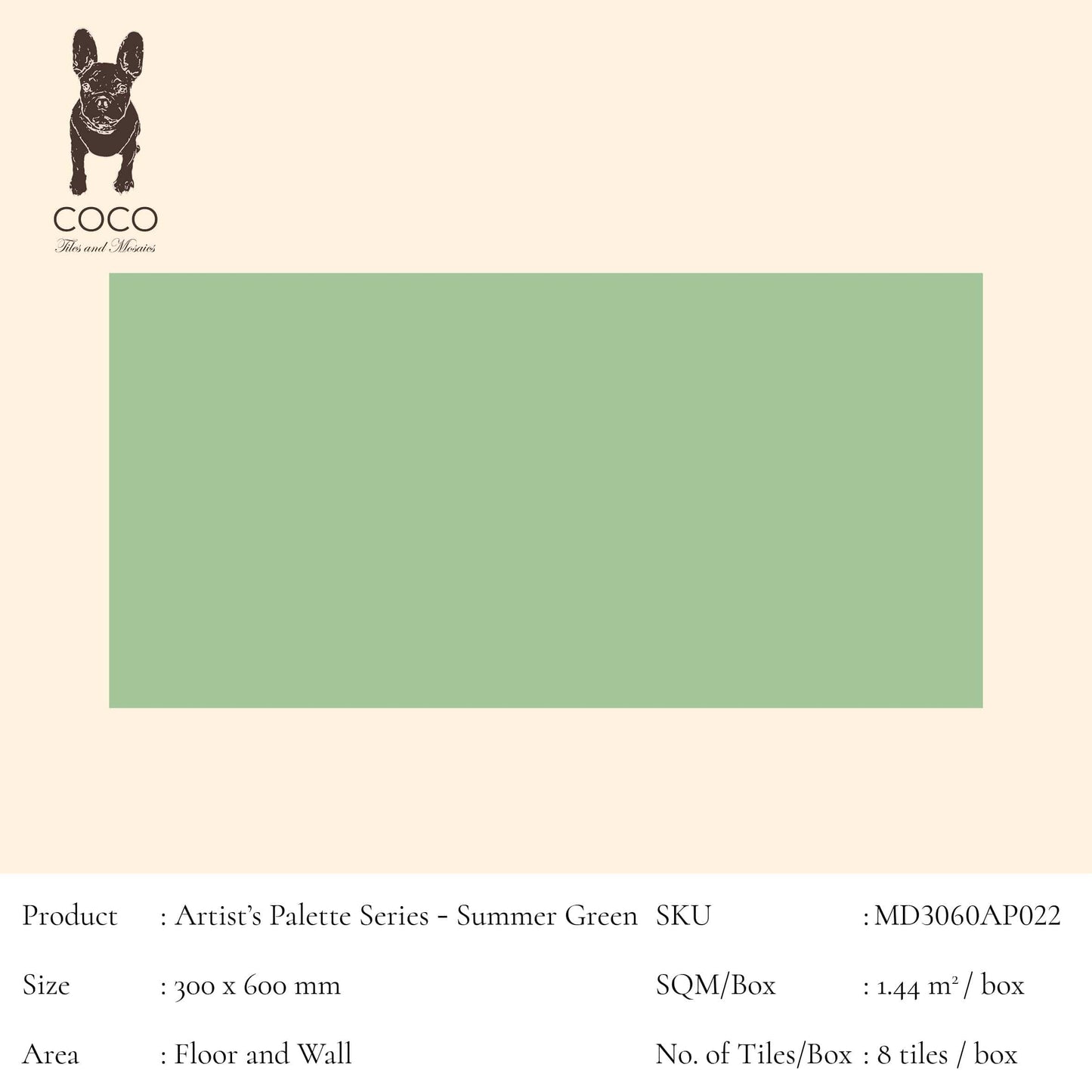 Cut Sample - Artist's Palette Series - Summer Green 300x600mm Ceramic Tile (Cut Size: Approx. 100x300 mm)