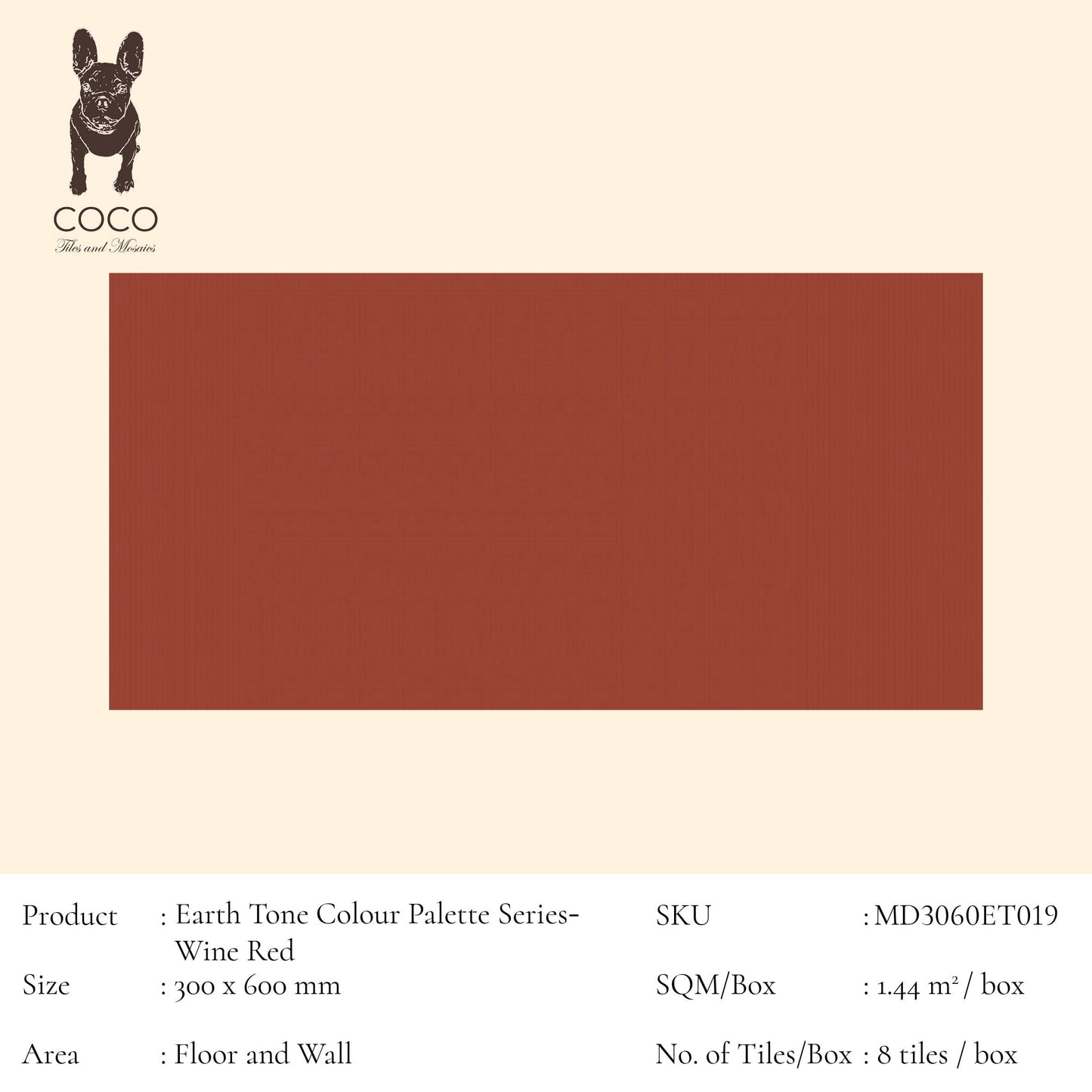 Cut Sample - Earth Tone Colour Palette Series - Wine Red 300x600mm Ceramic Tile (Cut Size: Approx. 100x300 mm)