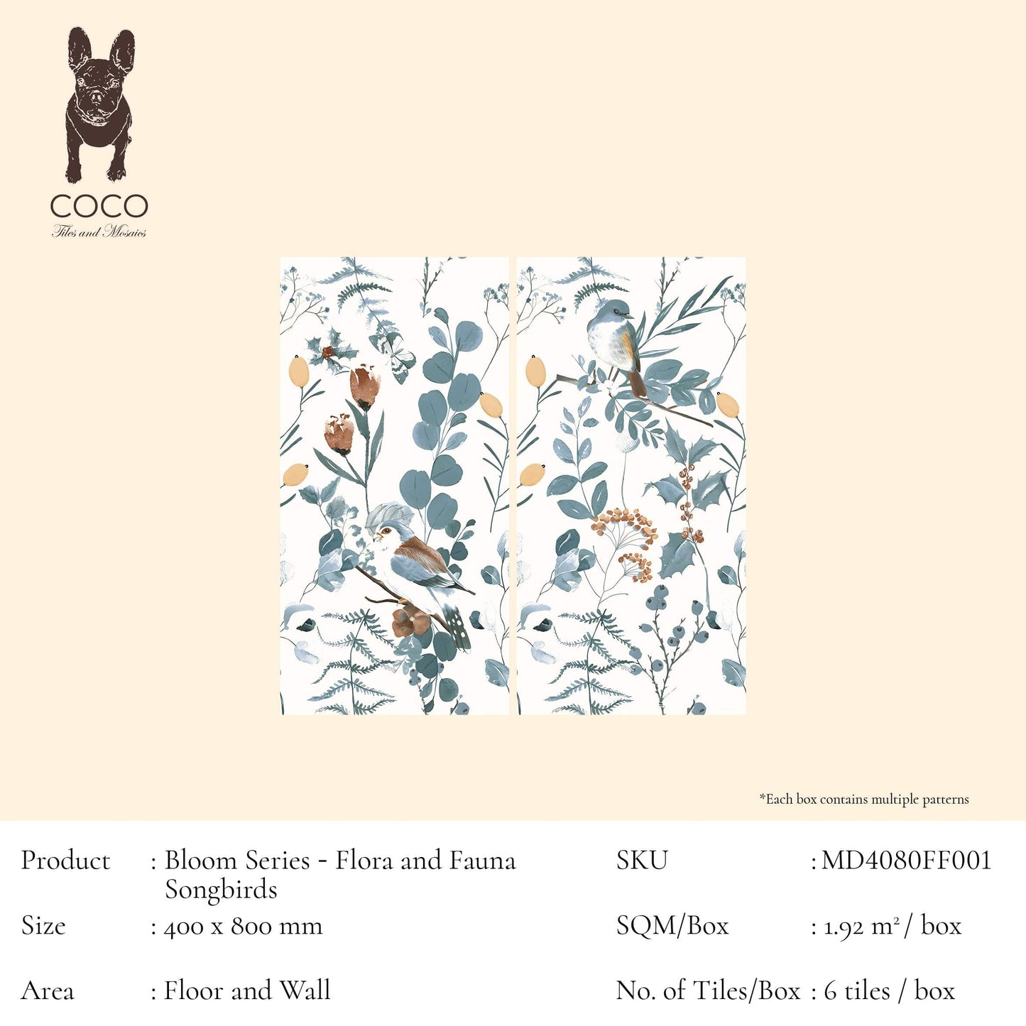 Bloom Series - Flora and Fauna Songbirds Satin 400x800mm Ceramic Tile