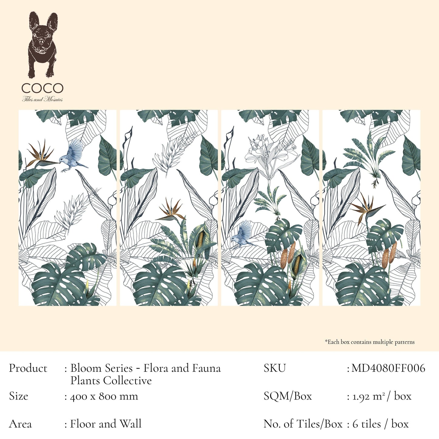 Bloom Series - Flora and Fauna Tropical Plants Collective Satin 400x800mm Ceramic Tile