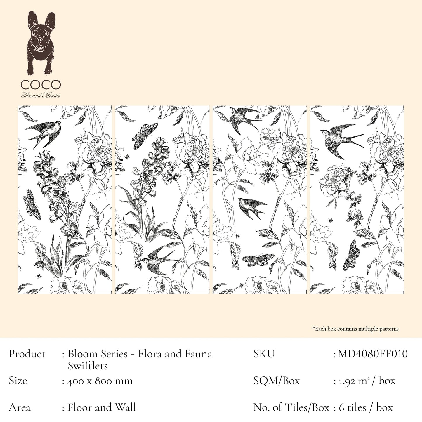 Bloom Series - Flora and Fauna Swiftlets Satin 400x800mm Ceramic Tile