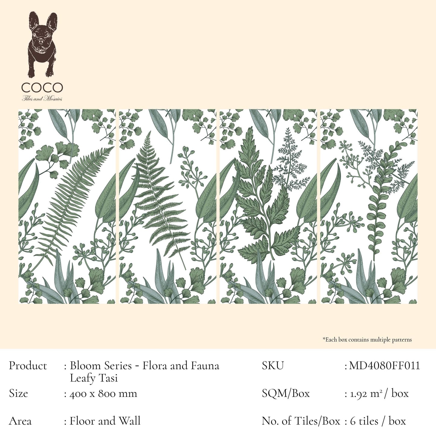 Bloom Series - Flora and Fauna Leafy Tasi Satin 400x800mm Ceramic Tile