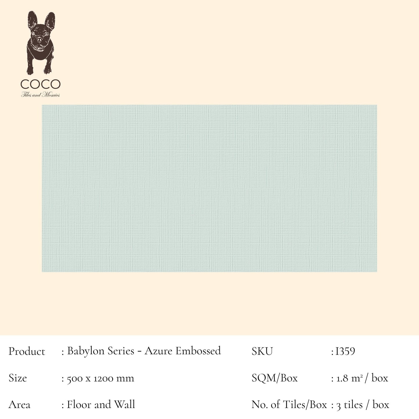 Cut Sample - Babylon Series - Azure Embossed 500x1200mm Ceramic Tile (Cut Size: Approx. 50x200 mm)