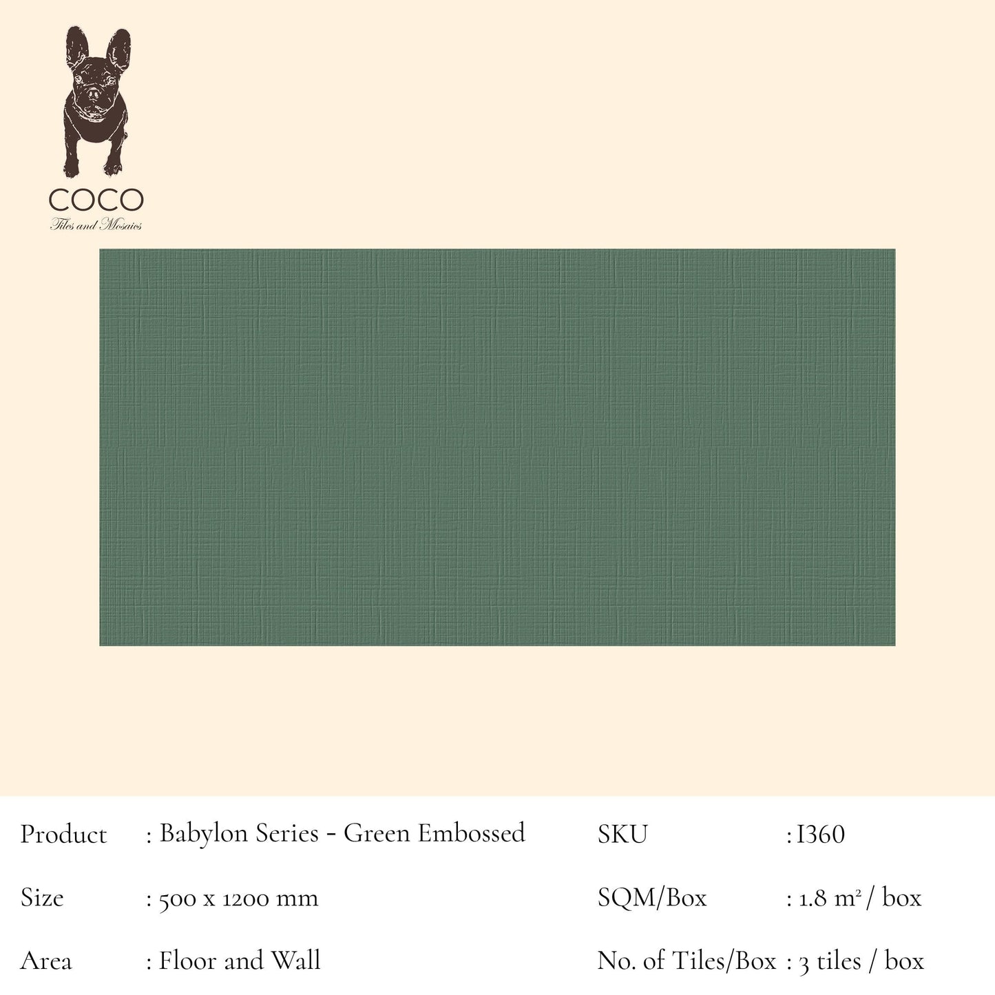 Cut Sample - Babylon Series - Green Embossed 500x1200mm Ceramic Tile (Cut Size: Approx. 50x200 mm)
