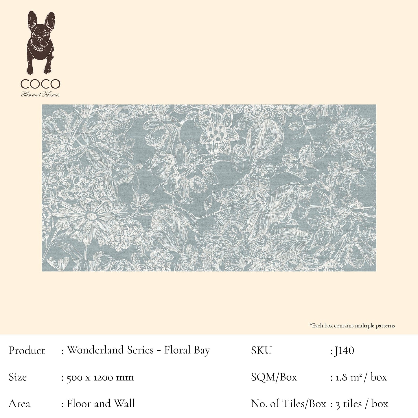 Cut Sample - Wonderland Series - Floral Bay 500x1200mm Ceramic Tile (Cut Size: Approx. 200x100mm )