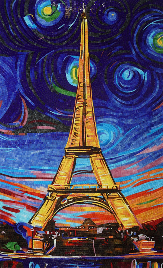 Handcut Glass Mosaic Eiffel Tower - Starry Night Inspired Paris Art