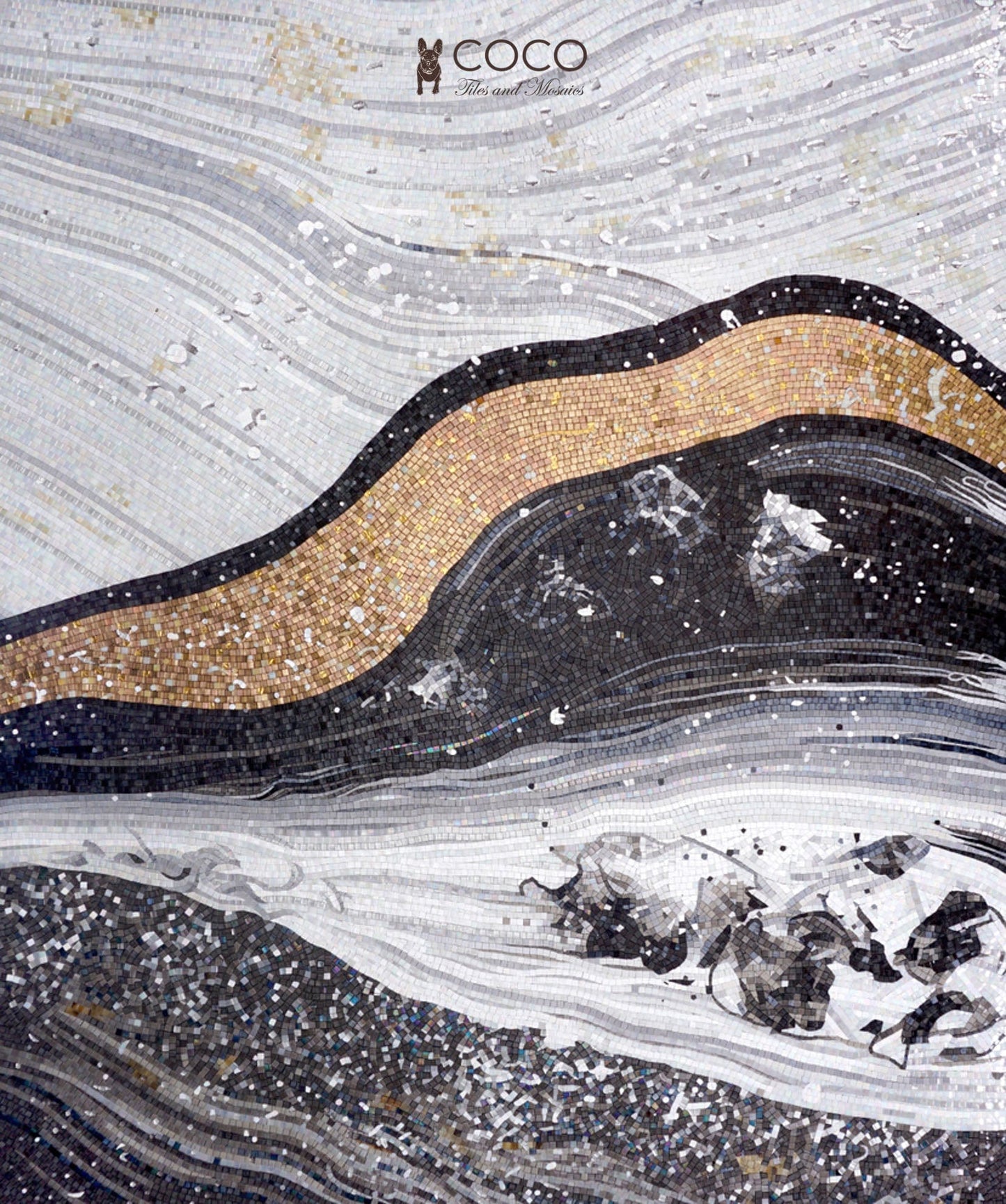 Abstract Handcut Glass Mosaic - Modern Black Gold White Landscape Art