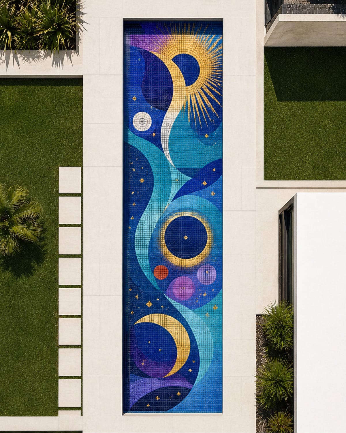 Celestial Tides - Sun & Moon Glass Pool Mosaic Art