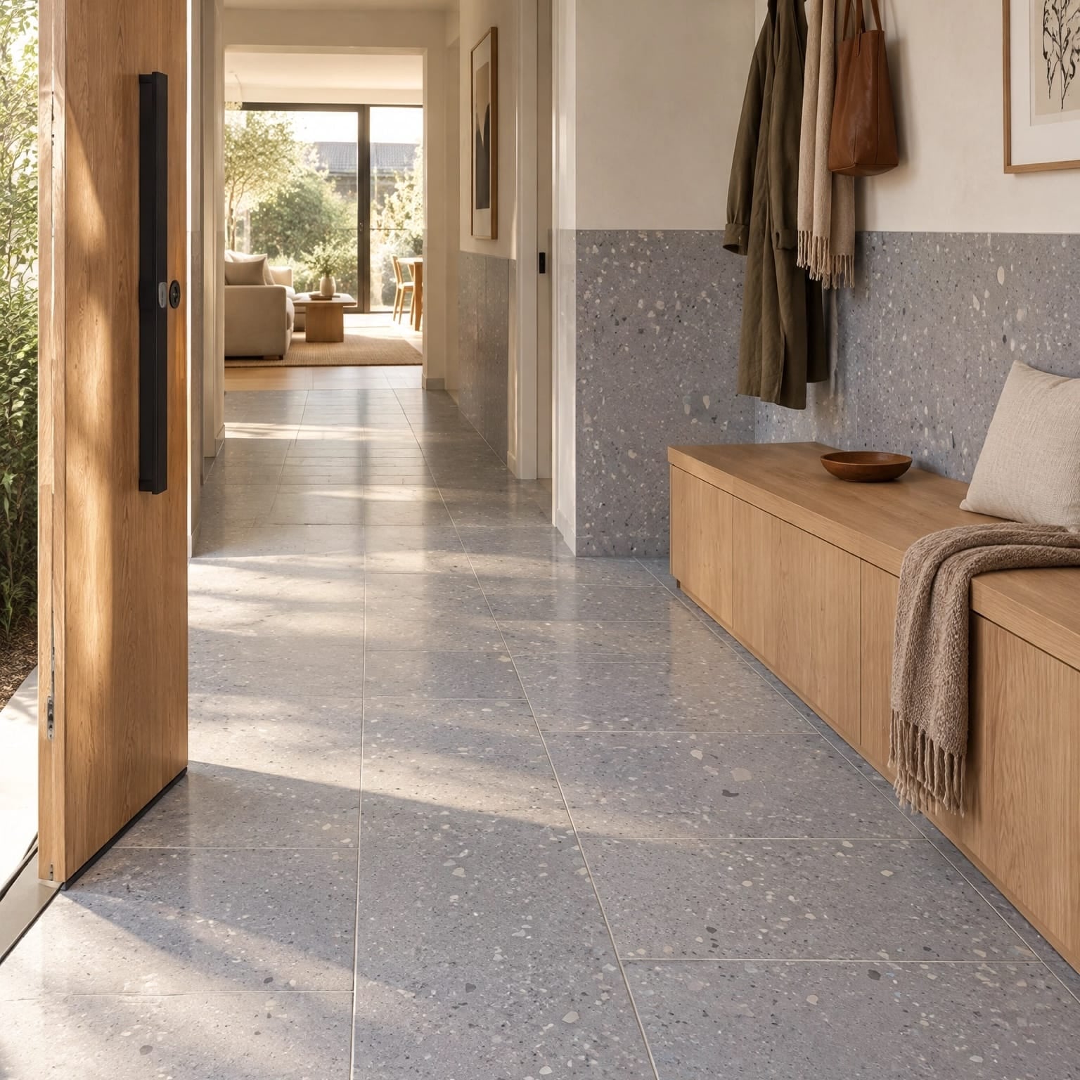Cloudy terrazzo-look tile in an entry gallery