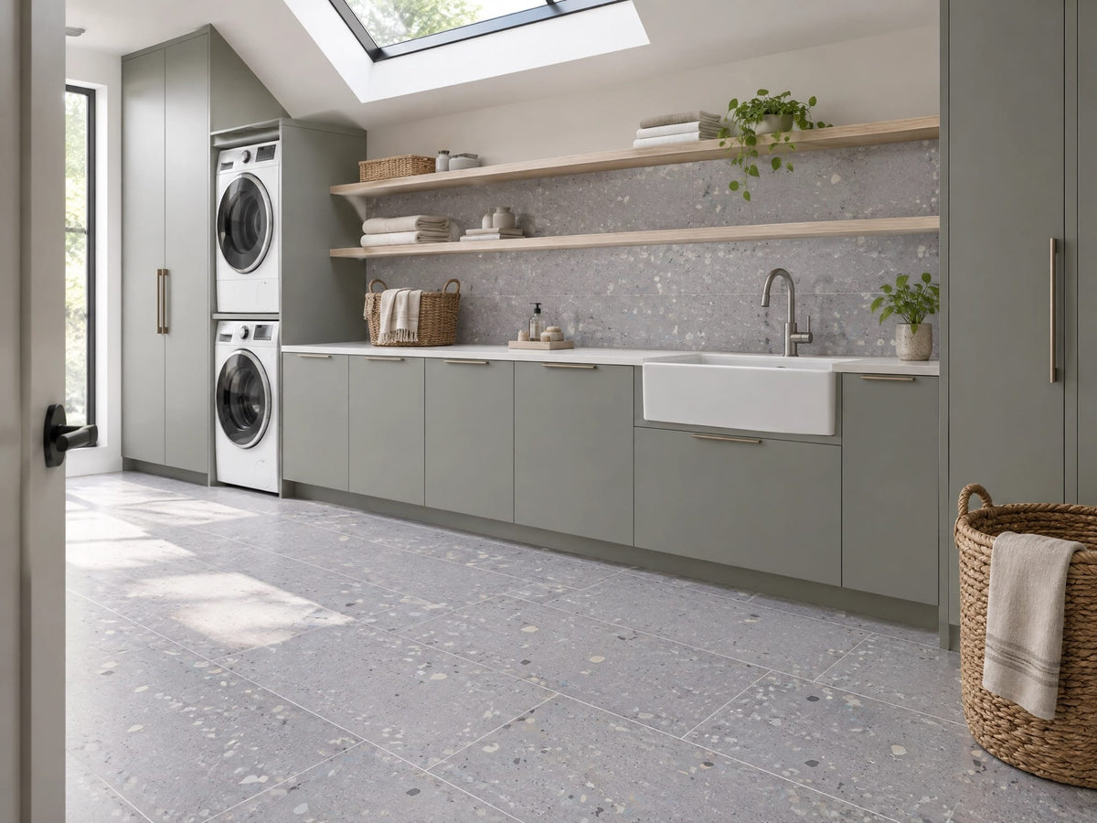 Cloudy terrazzo-look tile in a laundry room