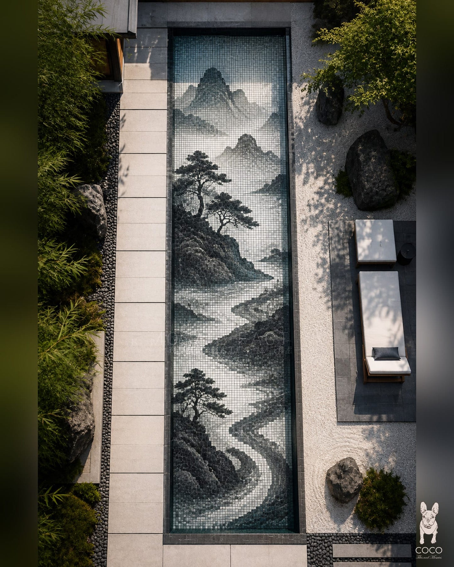 Inkstone River - Monochrome Mountain Porcelain Pool Mosaic Art