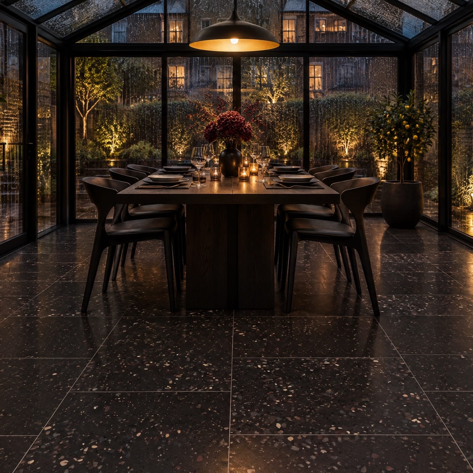 Summer Night tiles in a conservatory dining room interior