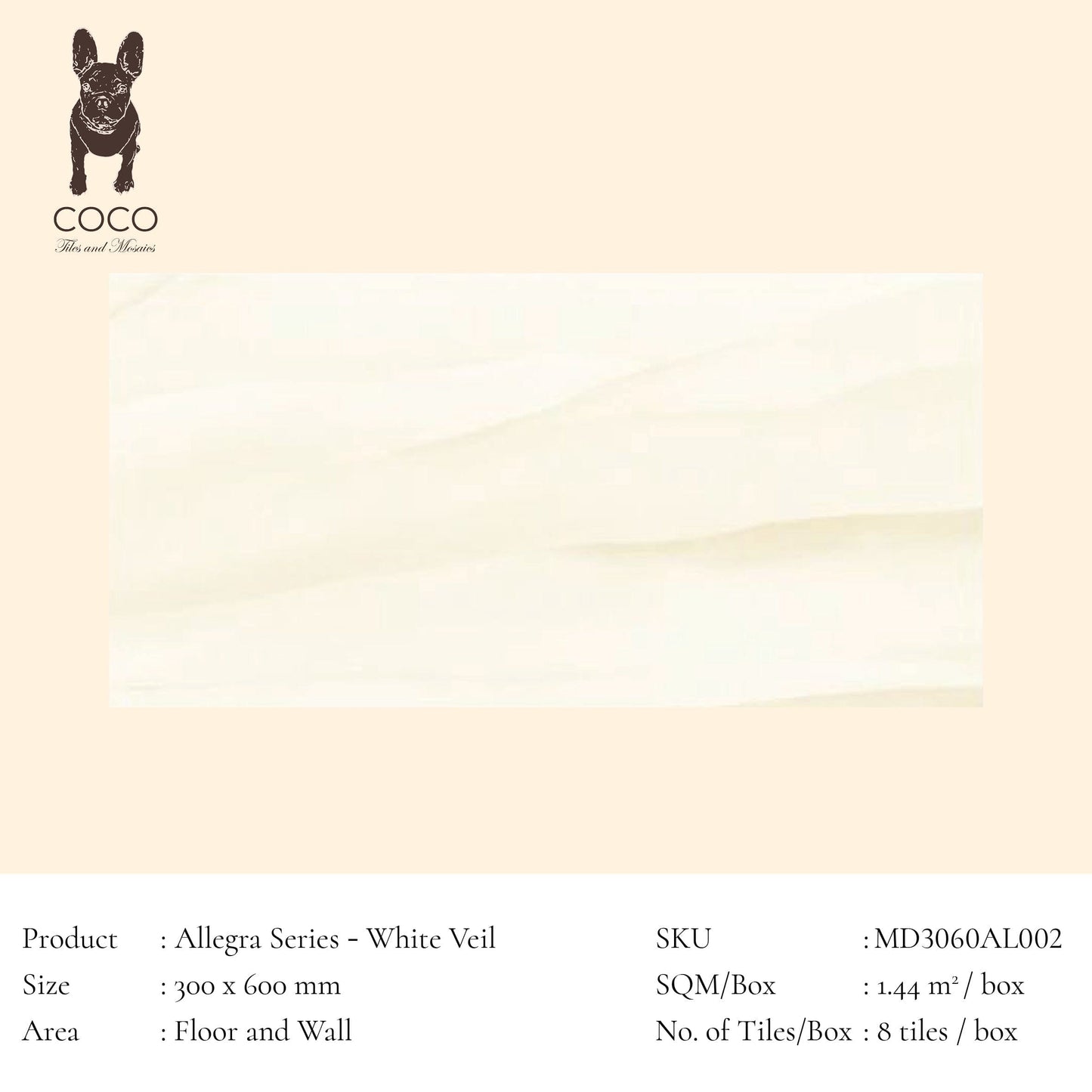 Allegra Series - White Veil Satin 300x600mm Ceramic Tile