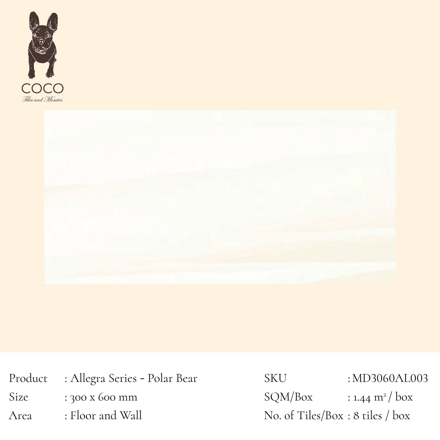 Allegra Series - Polar Bear Satin 300x600mm Ceramic Tile