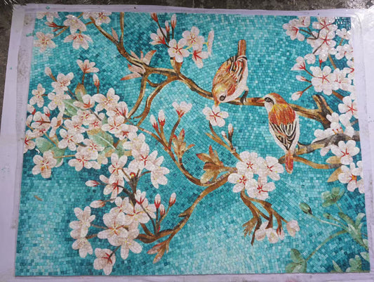 Spa Outdoor Feature Wall - Artistic Mosaic - Birds - Cherry Tree
