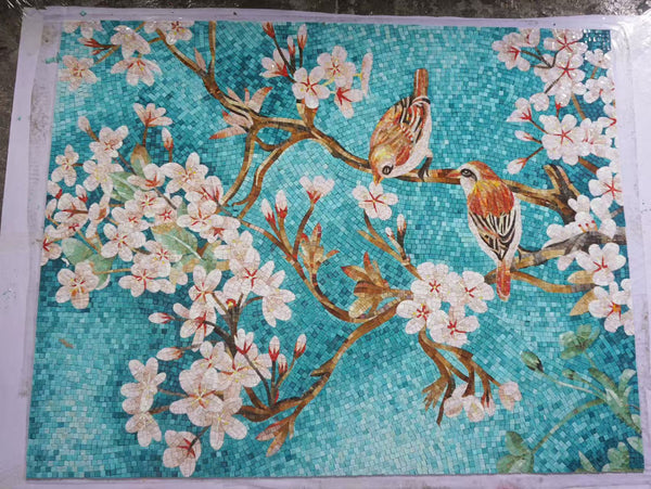 Spa Outdoor Feature Wall: Artistic Mosaic - Birds - Cherry Tree