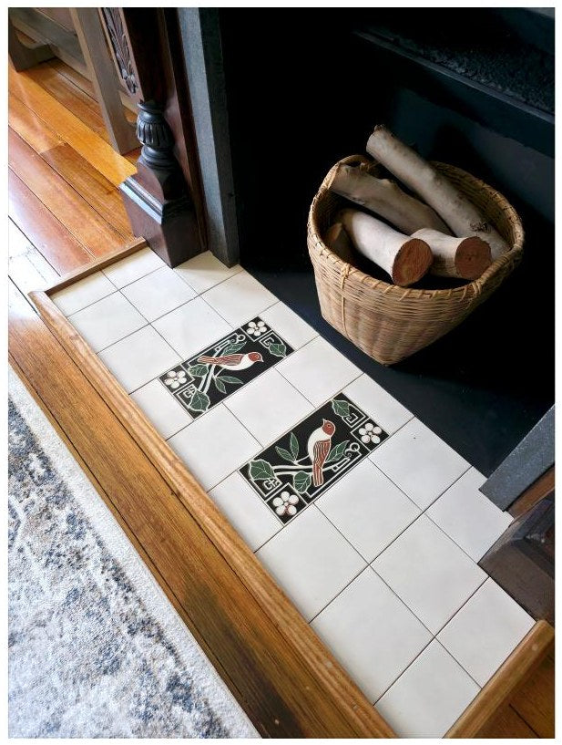 A Riverside Fireplace Hearth Reimagined with Whispers & Wings Art Nouveau Bird Tiles