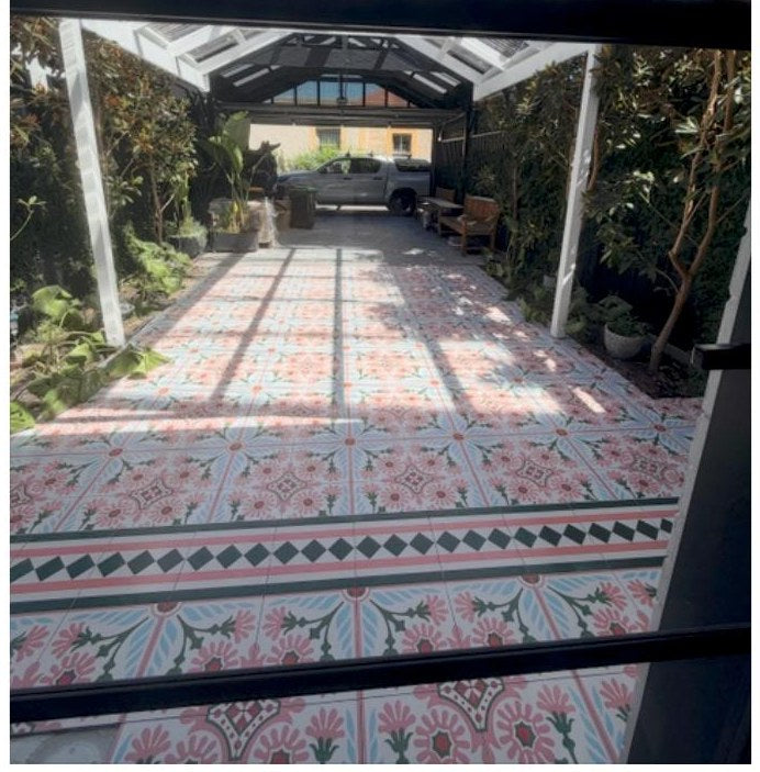 A North Adelaide Front Courtyard Tiled in Paradise Rose Pink — Featuring Princess's Bracelet Border