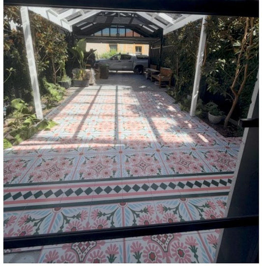 A North Adelaide Front Courtyard Tiled in Paradise Rose Pink — Featuring Princess's Bracelet Border