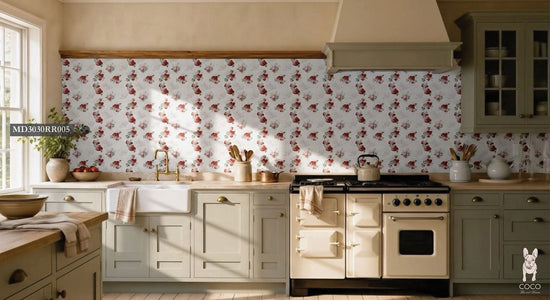 Country kitchen with Follow Your Heart crimson and blush peony floral ceramic splashback, sage green shaker cabinetry, stone benchtop, white butler sink, brass tapware and a cream range cooker.