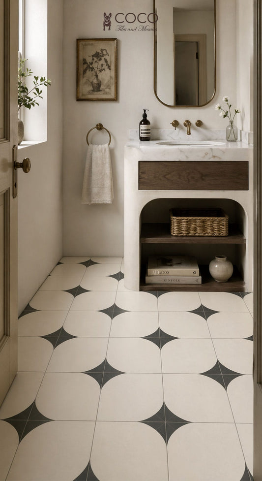 Small powder room with Arc After Dark Matte 300x300mm porcelain floor tile from COCO Tiles & Mosaics in warm ivory with fern green quarter-arc petal pattern, styled with a marble vanity, timber drawer, brushed brass tapware and arched mirror.