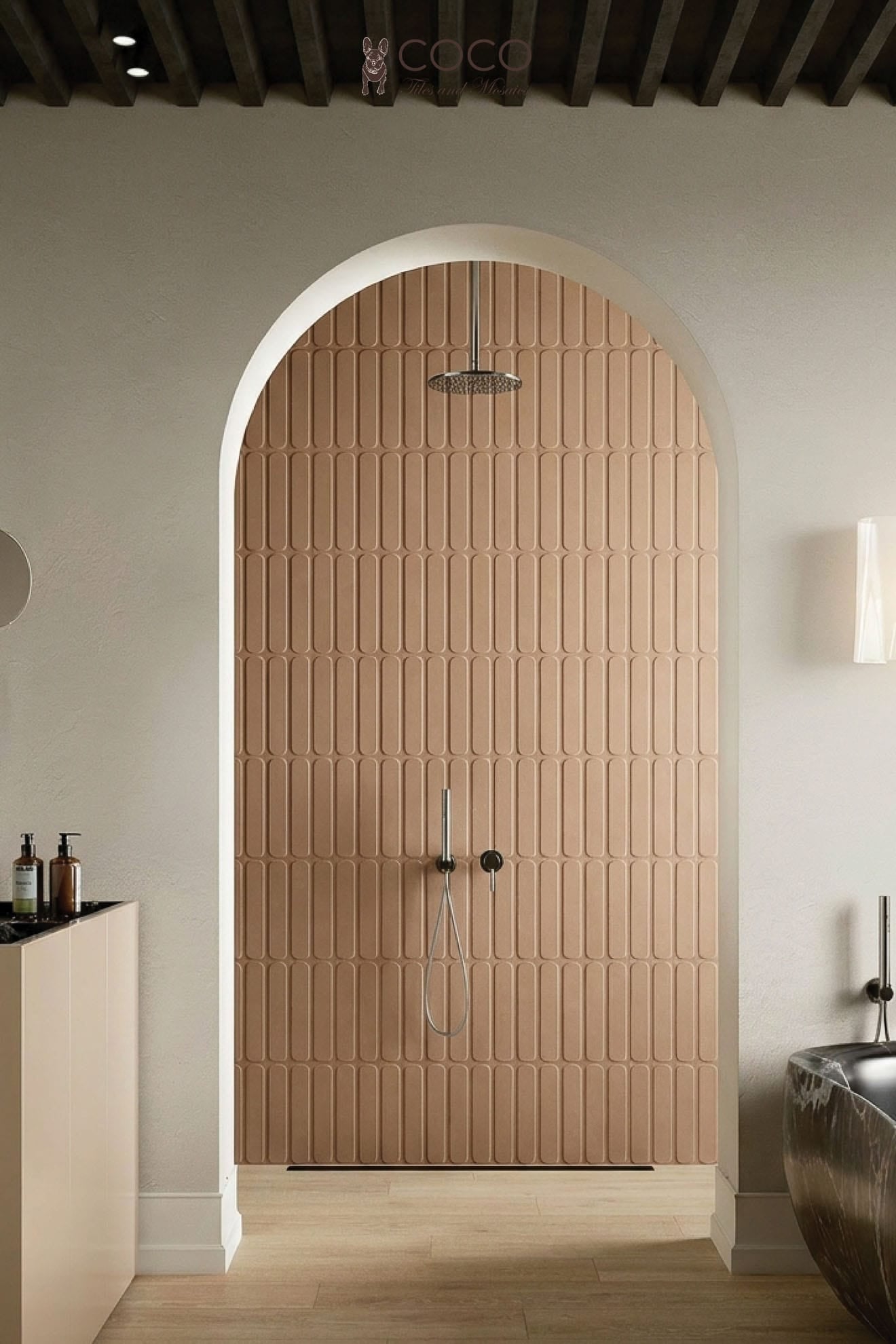 Modern spa bathroom with Cadence Warm Blush STR 2 matt 64x300 textured porcelain shower wall tiles and Grandeur Touch Sunlit Grove matt 200x1200 timber-look porcelain floor tiles.