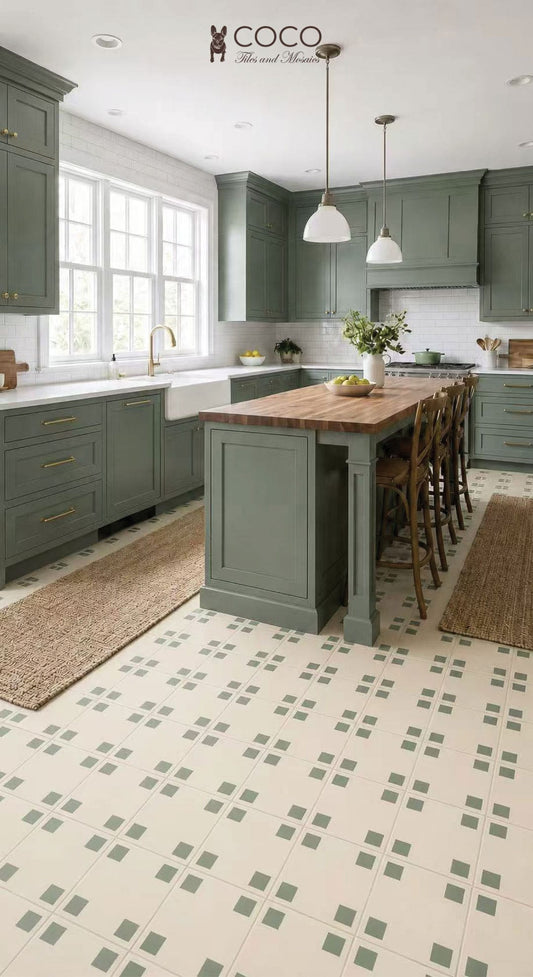 Bistro Dot Olive sage green and ivory 300x300mm satin porcelain floor tile in styled green kitchen — COCO Tiles Four Corners Series