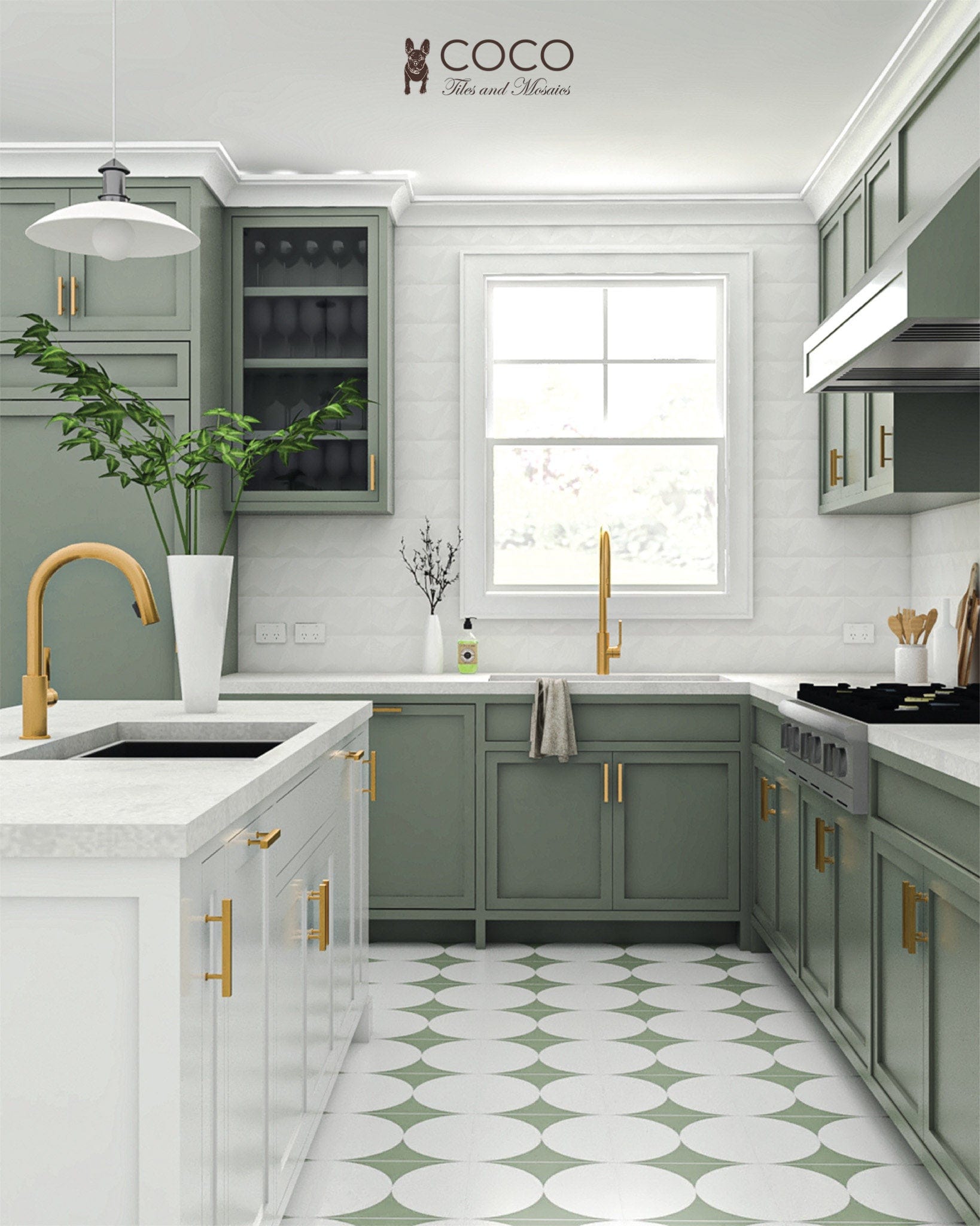 Sage Green Geometric Tile - 300x300mm Satin Ceramic - Summer Escape by ...