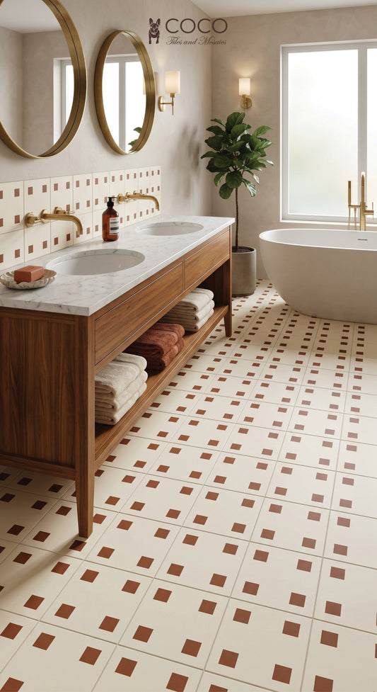 Bistro Dot Terra terracotta and ivory 300x300mm satin porcelain floor tile in styled Mid-Century bathroom — COCO Tiles Four Corners Series