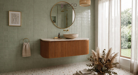 Bathroom with Harbour Grid Seagrass Gloss 400x800 green porcelain wall tiles and Desert Splatter Satin 400x400 terrazzo look ceramic floor tiles, styled with timber vanity, linen curtains and natural light.