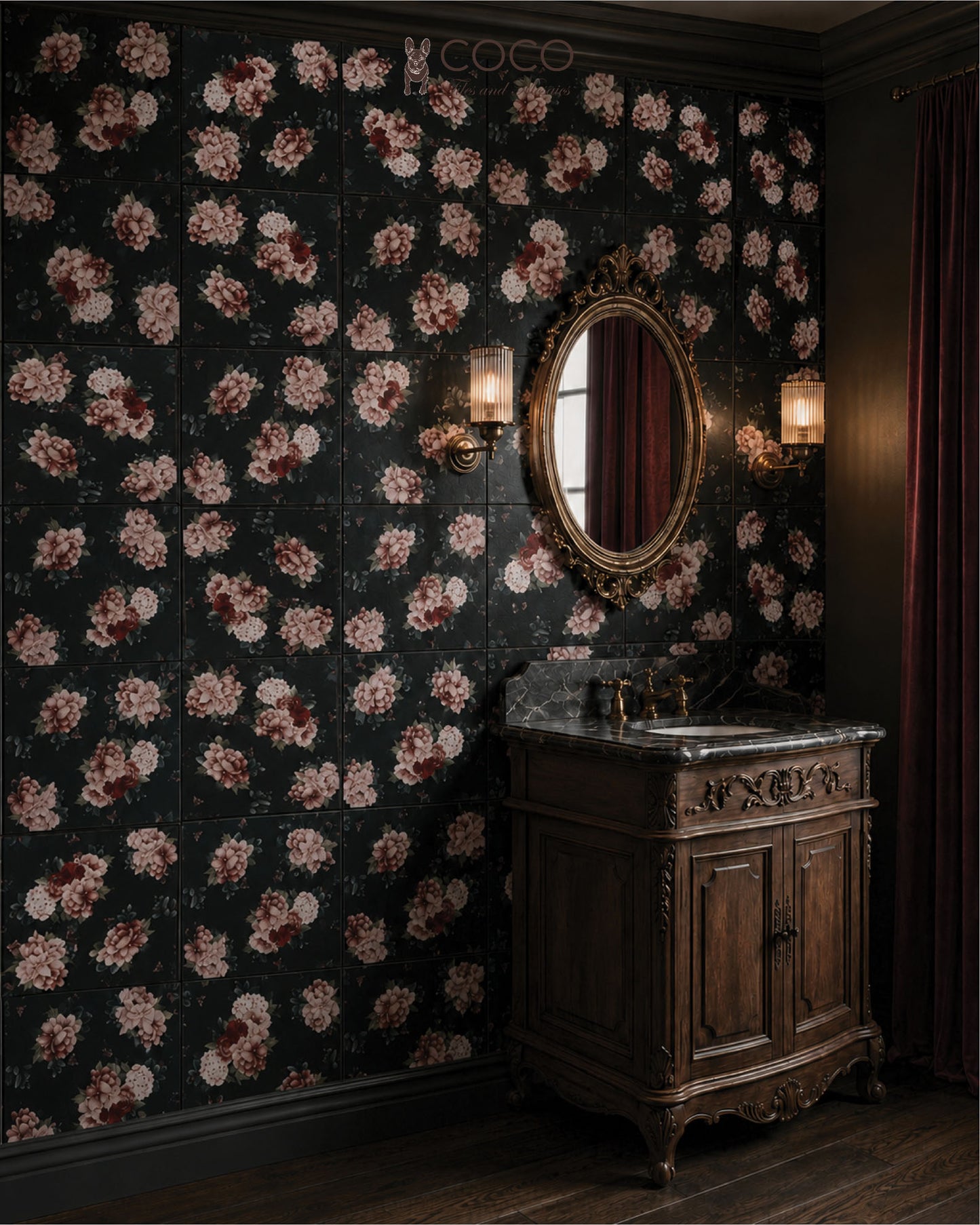 Moody powder room with Red Room Janice Satin 300x300 black floral ceramic wall tiles, antique timber vanity, ornate mirror and warm wall sconces.