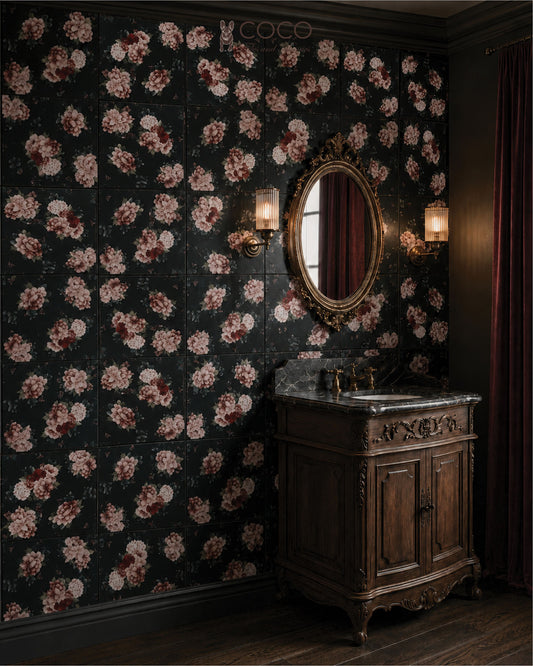 Moody powder room with Red Room Janice Satin 300x300 black floral ceramic wall tiles, antique timber vanity, ornate mirror and warm wall sconces.