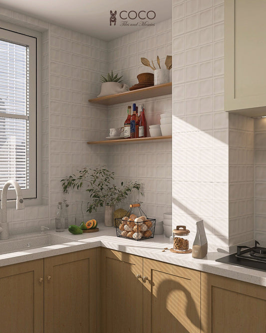 Minimalist Muse Series - Square Impressions Set 2 Snow Veil Satin 300x600mm Porcelain Tile