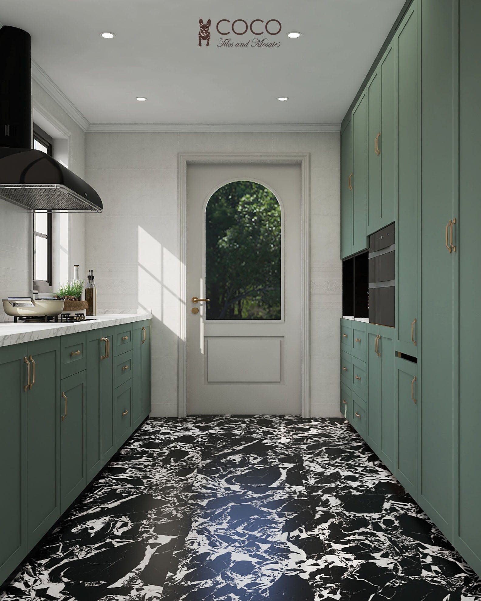 COCO Tiles and Mosaics Opening the Senses kitchen look, featuring Stellar Veins Series Arctic Pulse porcelain floor tile and Manor Series textured ceramic wall tiles with green shaker cabinets.