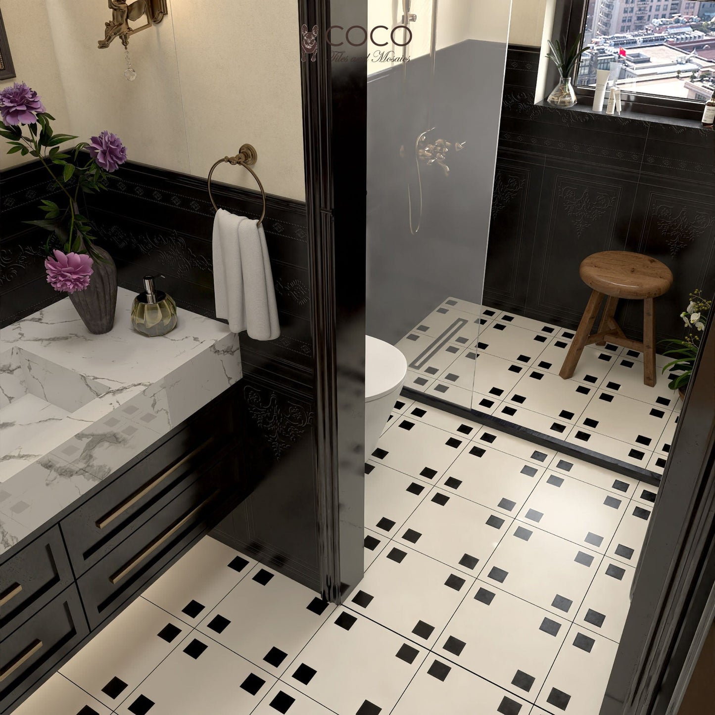 Four Corners Series - Bistro Dot Ebony Satin 300x300mm Porcelain Tile