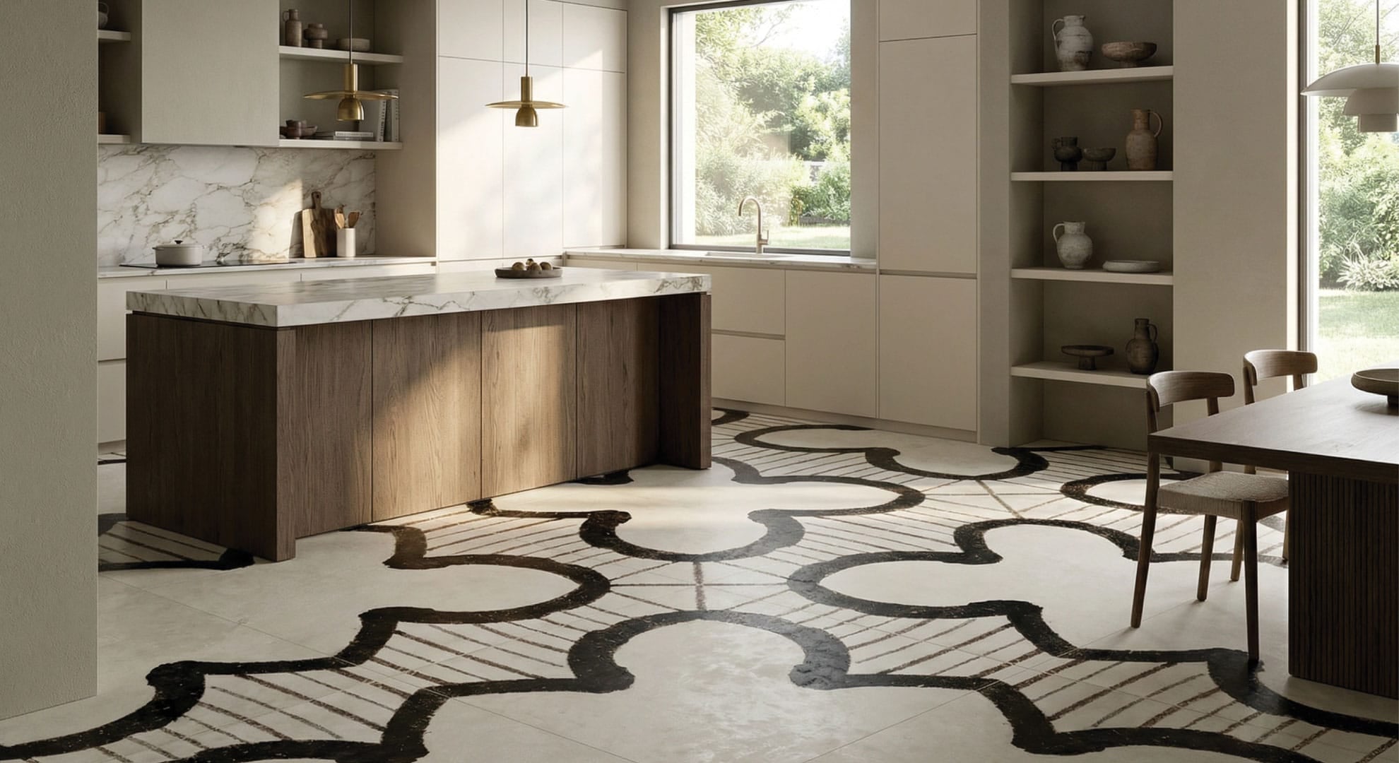 A modern, minimalist kitchen featuring the Old World New tile look. The statement floor is created using Aria Series Clover 900x900mm porcelain tiles, forming a bold black and white oversized clover medallion pattern. The kitchen includes ivory cabinetry, a walnut timber island with a marble countertop, brass pendant lights, and built-in taupe shelving, creating a sophisticated and architectural interior.