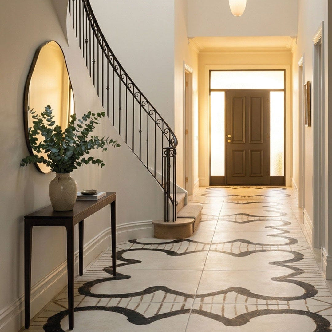 Statement entryway hallway with Aria Series Clover matt 900x900 porcelain floor tiles in a bold black and ivory clover motif laid as a feature “tile rug”.