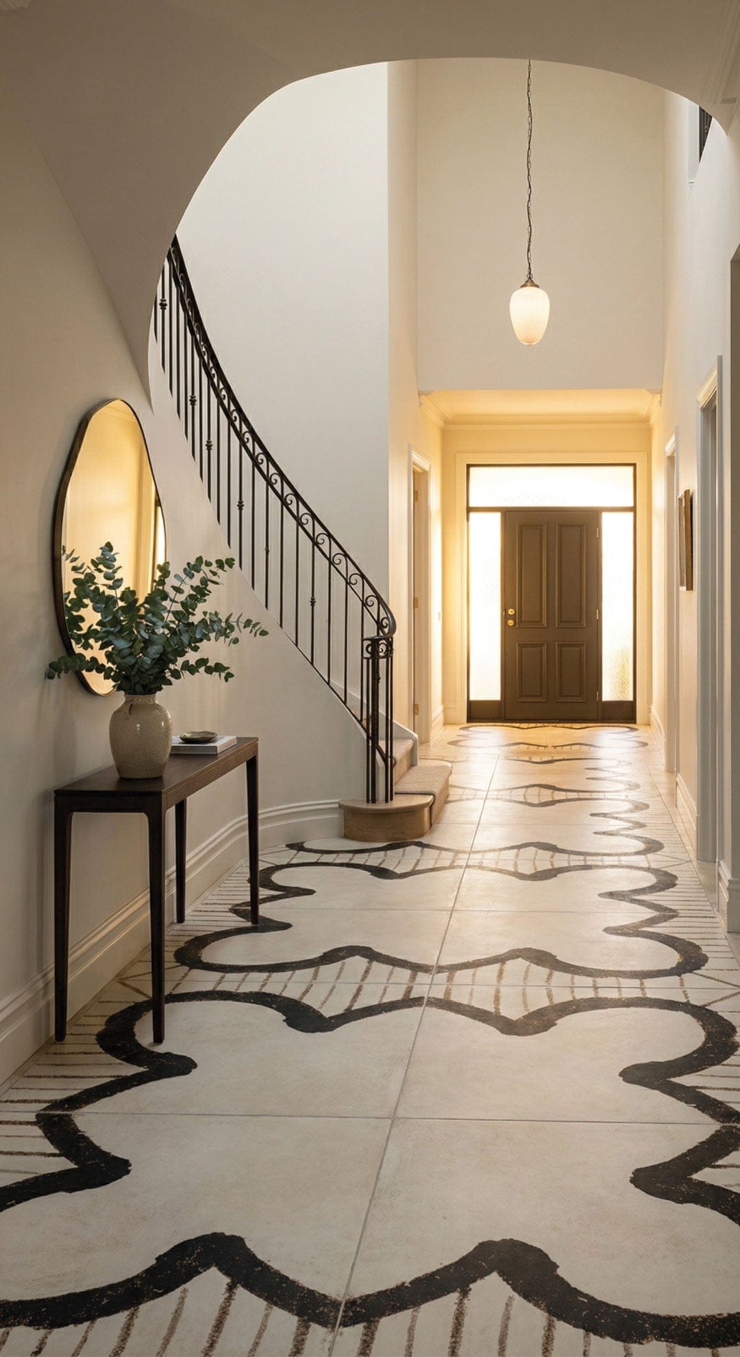 Statement entryway hallway with Aria Series Clover matt 900x900 porcelain floor tiles in a bold black and ivory clover motif laid as a feature “tile rug”.