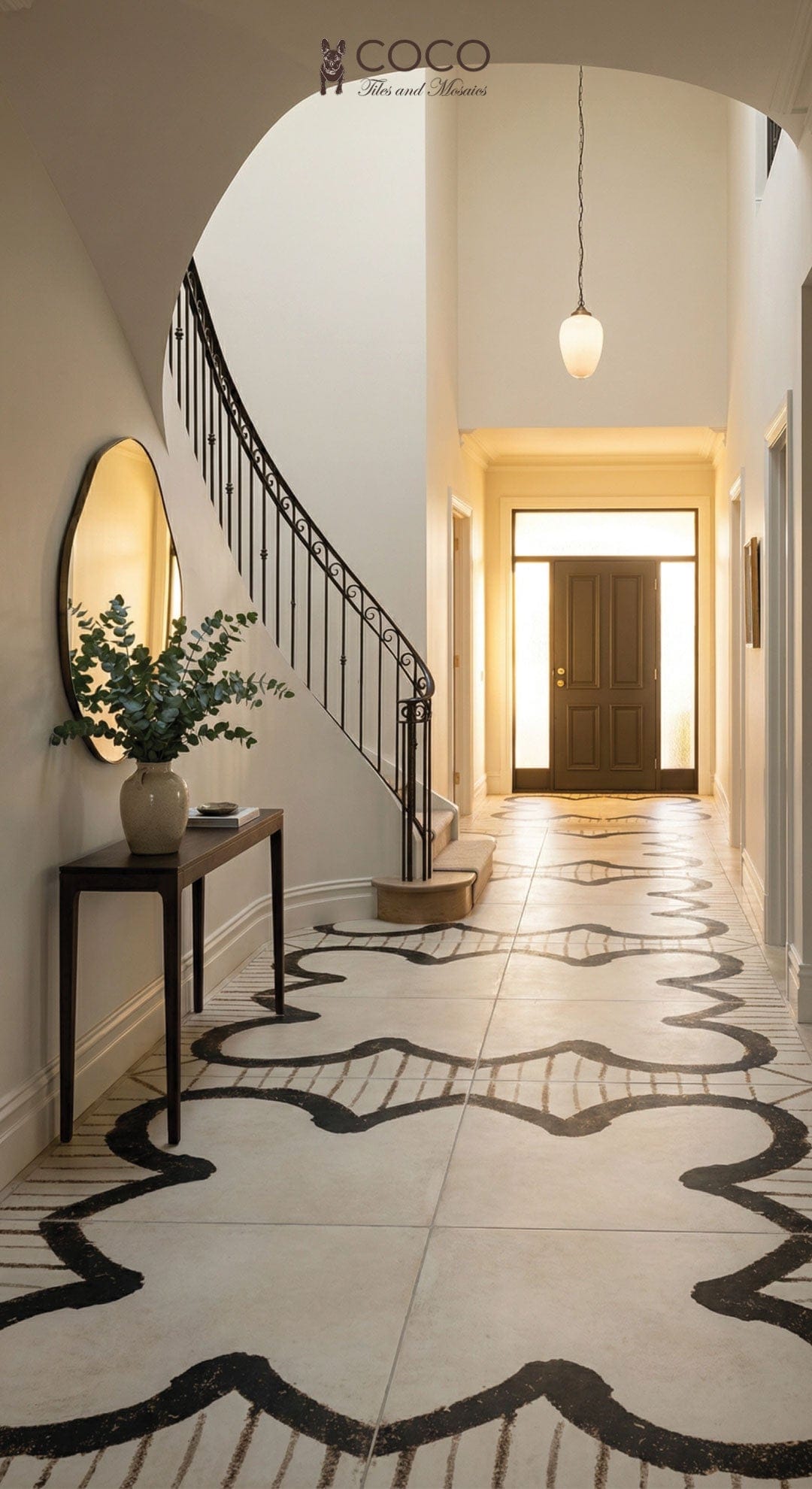 Statement entryway hallway with Aria Series Clover matt 900x900 porcelain floor tiles in a bold black and ivory clover motif laid as a feature “tile rug”.