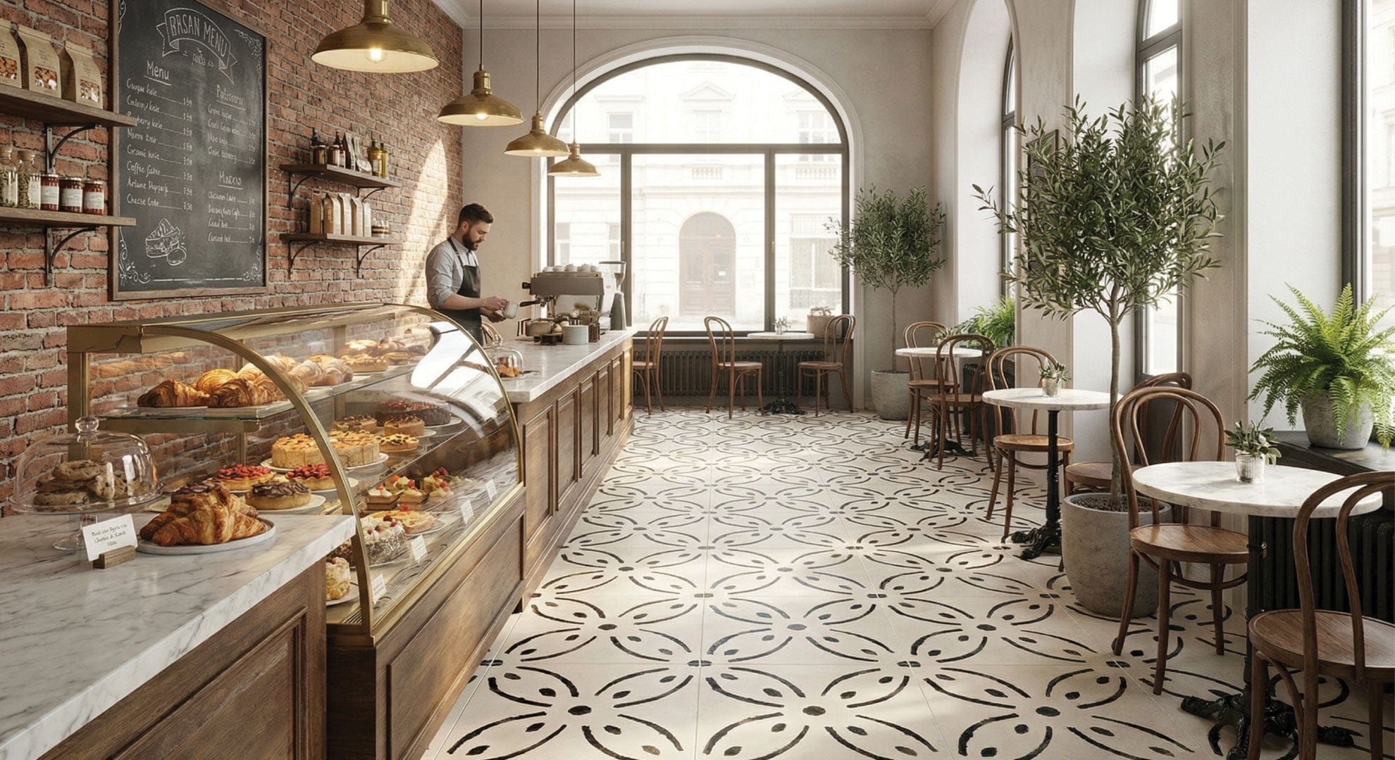 Aria Series Inkdrop Matt 900x900mm porcelain tile in black floral pattern on ivory floor installed in a European café interior with brick walls and timber cabinetry.