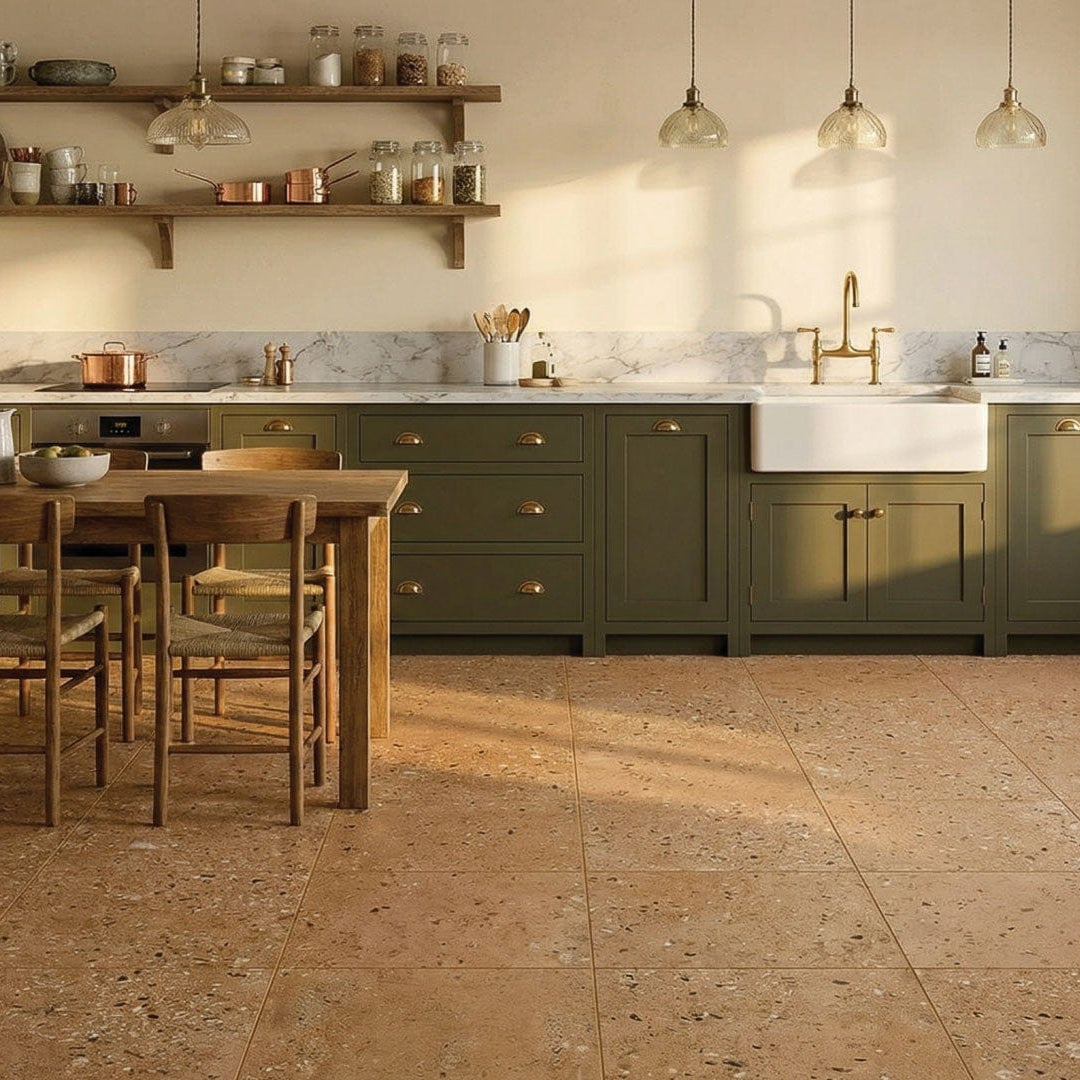 Sunlit Mediterranean-style kitchen featuring Patina Series Terracotta Matt 604x604mm terrazzo-look porcelain floor tiles with sage green cabinetry.