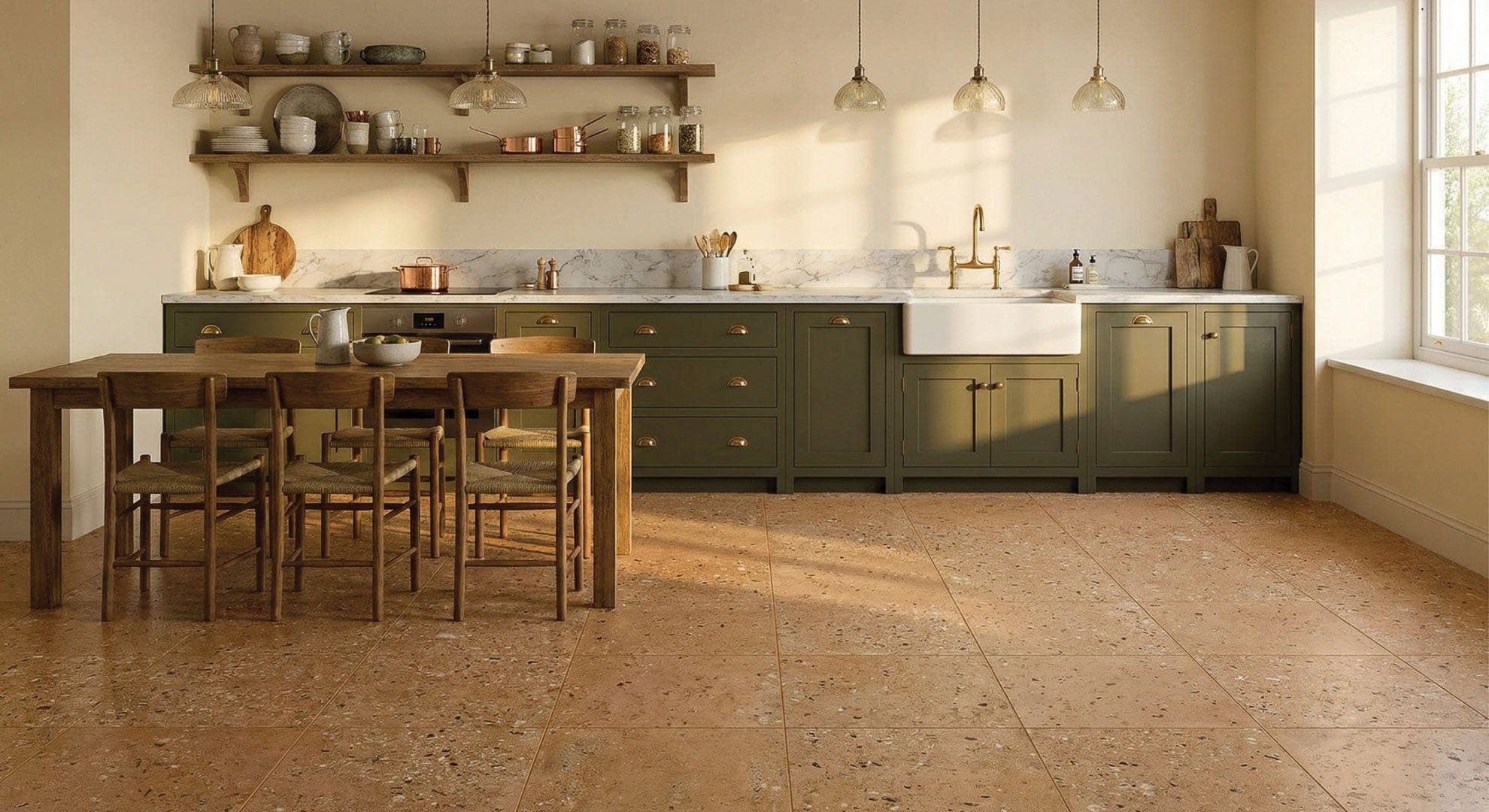 Sunlit Mediterranean-style kitchen featuring Patina Series Terracotta Matt 604x604mm terrazzo-look porcelain floor tiles with sage green cabinetry.