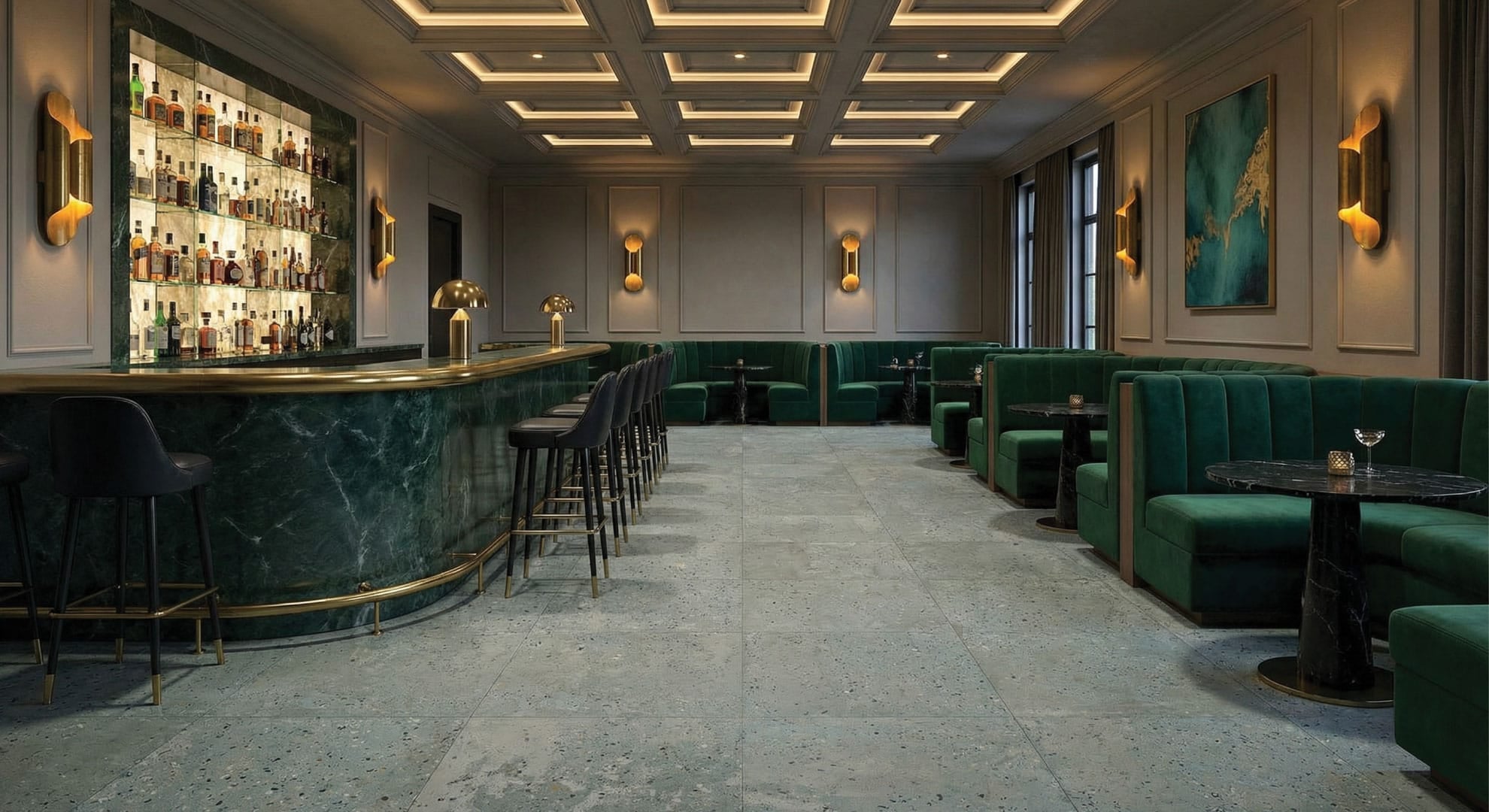 Luxury cocktail lounge with Patina Series Grigio Azzurro matt 604x604 blue-grey concrete/terrazzo-look porcelain floor tiles, emerald velvet seating and brass lighting.