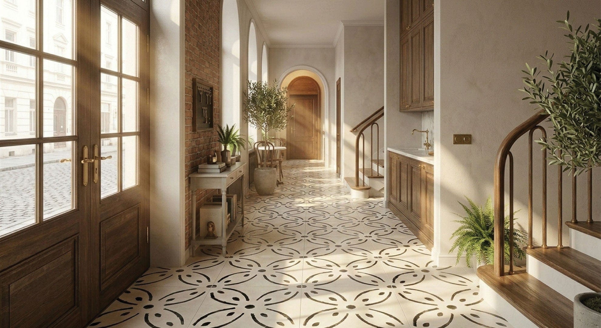  Sunlit entryway hallway with Aria Series Inkdrop matt 900x900 porcelain floor tiles featuring a bold black floral ink motif on an ivory base in a repeating pattern.