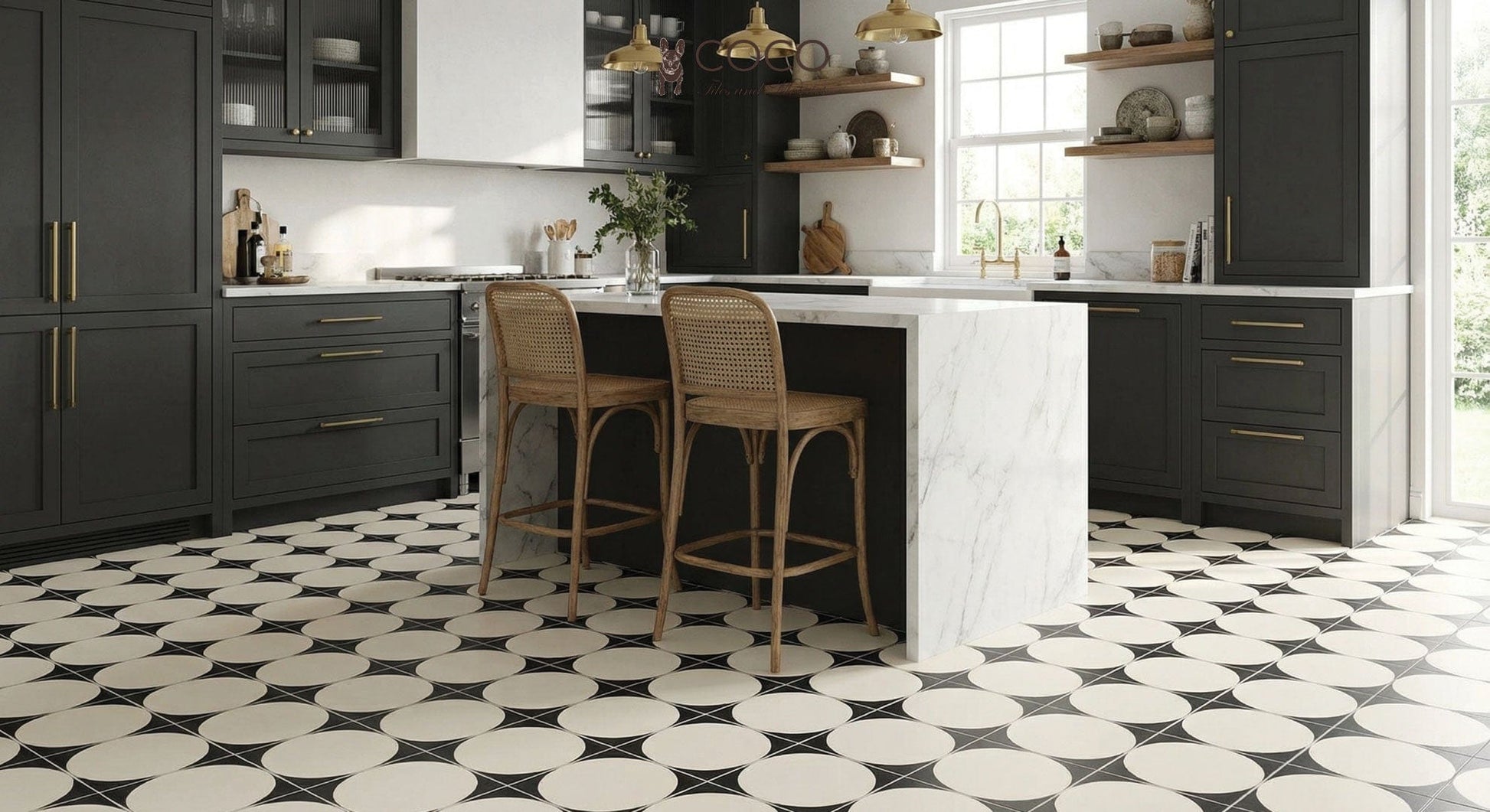 Modern kitchen with Modern Monochrome Cream Drop matte 300x300 porcelain floor tiles in a black and cream circle pattern.