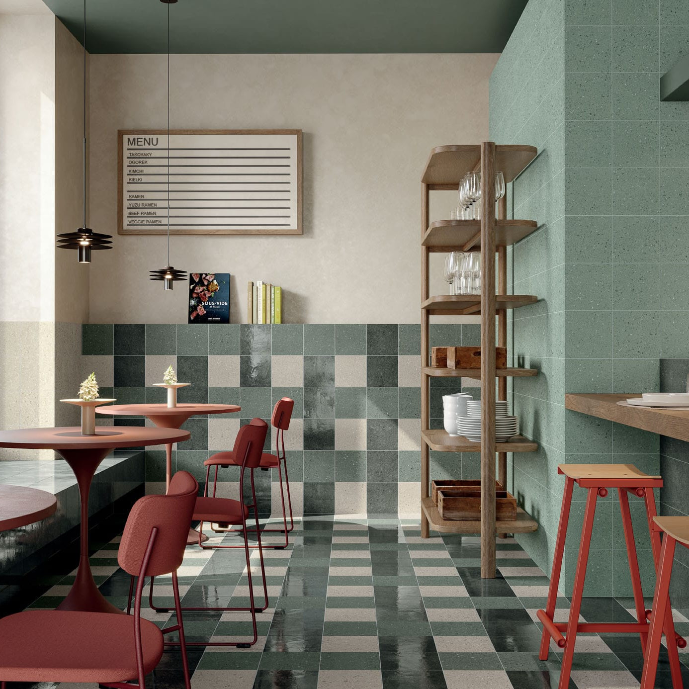 Modern café with Vogue Series 200x200 porcelain tiles in a green checkerboard floor and wall scheme using Bamboo Matt, Bosco Matt, Sabbia Matt and Verde Lacca Gloss.